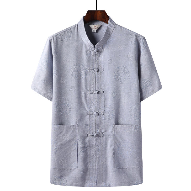 Buddha Stones Frog-Button Fu Character Dragon Bamboo Leaf Chinese Tang Suit Short Sleeve Shirt Linen With Pockets - LightBlue - Dragon - US/UK/AU46，EU56 (4XL)  - image 7