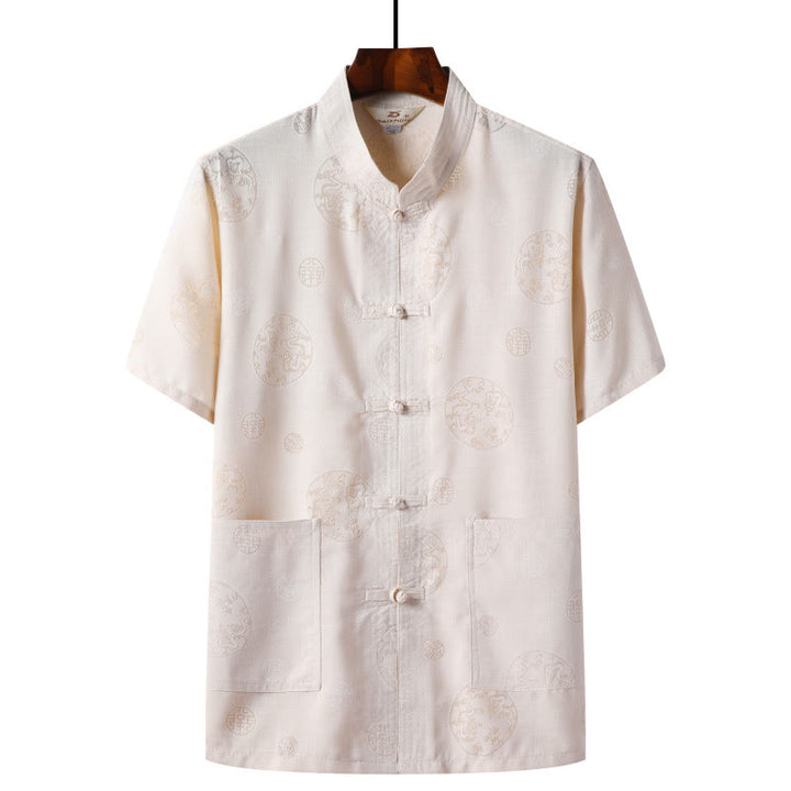 Buddha Stones Frog-Button Fu Character Dragon Bamboo Leaf Chinese Tang Suit Short Sleeve Shirt Linen With Pockets - LightYellow - Dragon - US/UK/AU46，EU56 (4XL)  - image 6