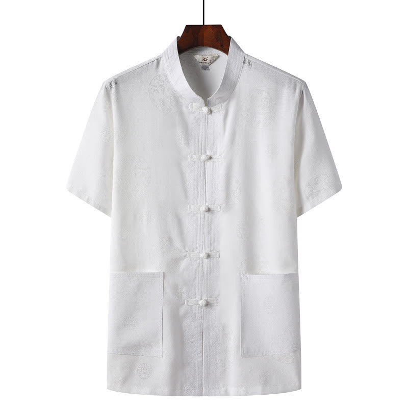 Buddha Stones Frog-Button Fu Character Dragon Bamboo Leaf Chinese Tang Suit Short Sleeve Shirt Linen With Pockets - White - Dragon - US/UK/AU46，EU56 (4XL)  - image 8
