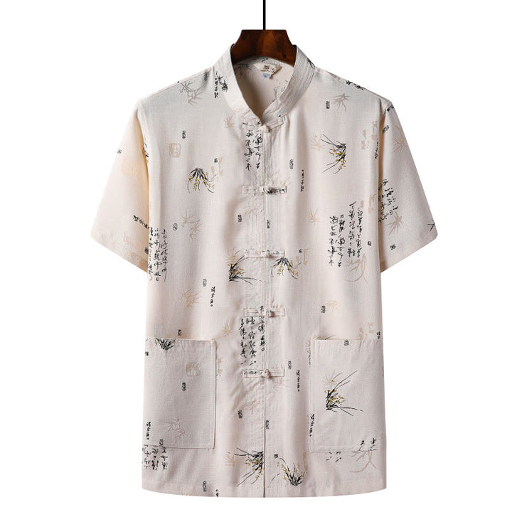 Buddha Stones Frog-Button Fu Character Dragon Bamboo Leaf Chinese Tang Suit Short Sleeve Shirt Linen With Pockets - LightYellow - Bamboo Leaf - US/UK/AU46，EU56 (4XL)  - image 9
