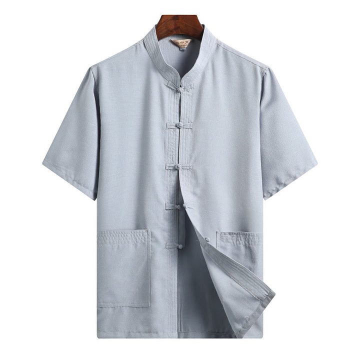 Buddha Stones Frog-Button Fu Character Dragon Bamboo Leaf Chinese Tang Suit Short Sleeve Shirt Linen With Pockets - LightBlue - Solid Color - US/UK/AU46，EU56 (4XL)  - image 15