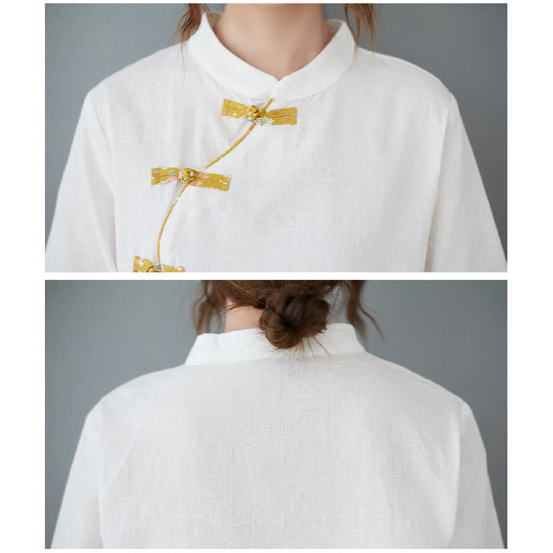 Buddha Stones Floral Pattern Frog-Button Half Sleeve Cotton Linen Shirt - image 4