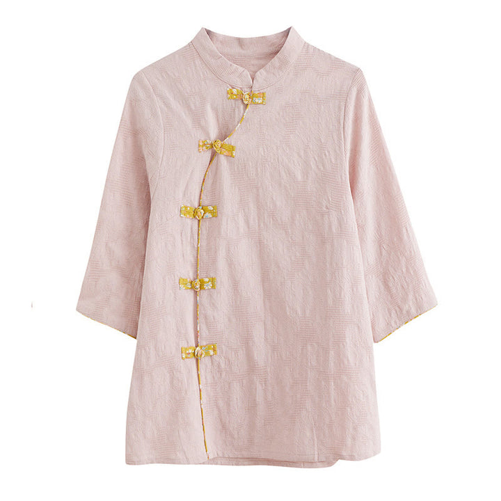 Buddha Stones Floral Pattern Frog-Button Half Sleeve Cotton Linen Shirt - image 2