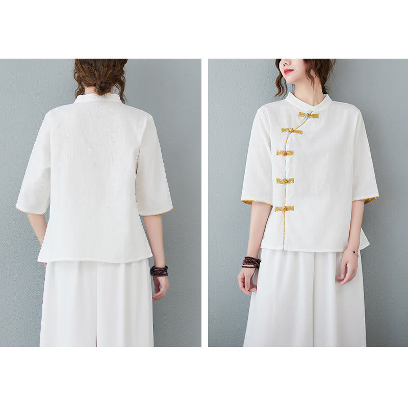 Buddha Stones Floral Pattern Frog-Button Half Sleeve Cotton Linen Shirt - image 6