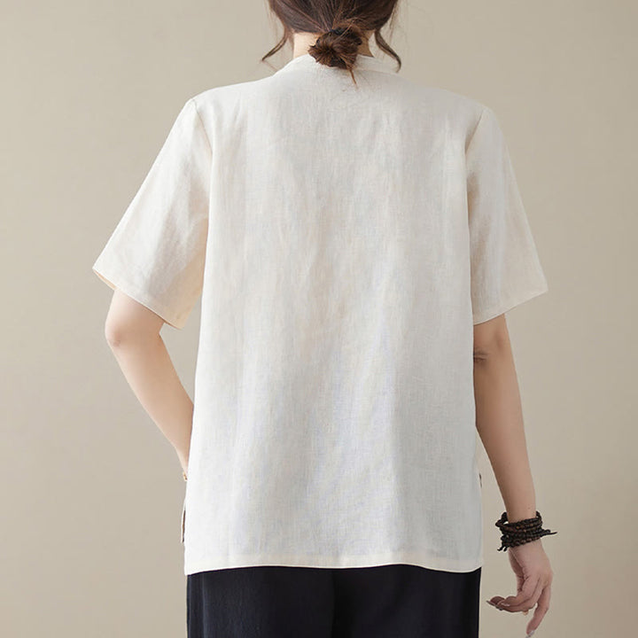 Buddha Stones Solid Color Frog-Button Short Sleeve Cotton Linen Shirt - image 2