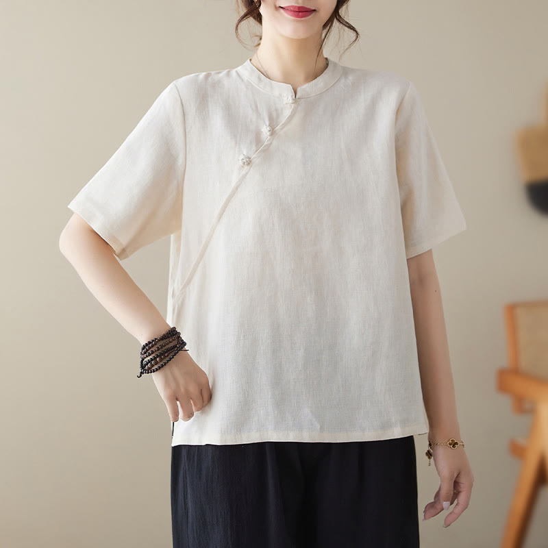 Buddha Stones Solid Color Frog-Button Short Sleeve Cotton Linen Shirt - White - 2XL(Fit for US8-10; UK/AU12-14; EU40-42) - image 0