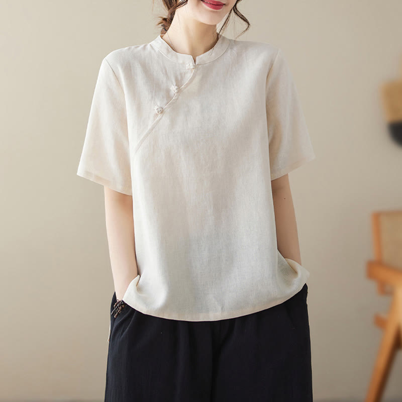 Buddha Stones Solid Color Frog-Button Short Sleeve Cotton Linen Shirt - image 3