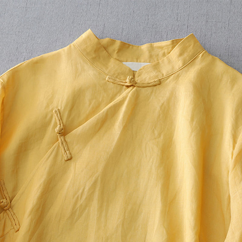 Buddha Stones Solid Color Frog-Button Three Quarter Sleeve Double Layer Cotton Linen Shirt - image 8