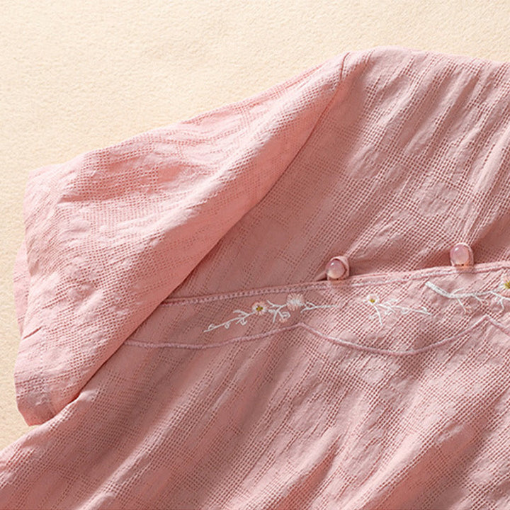 Buddha Stones Plum Blossom Embroidery Frog-Button Short Sleeve Cotton Linen Shirt - image 5