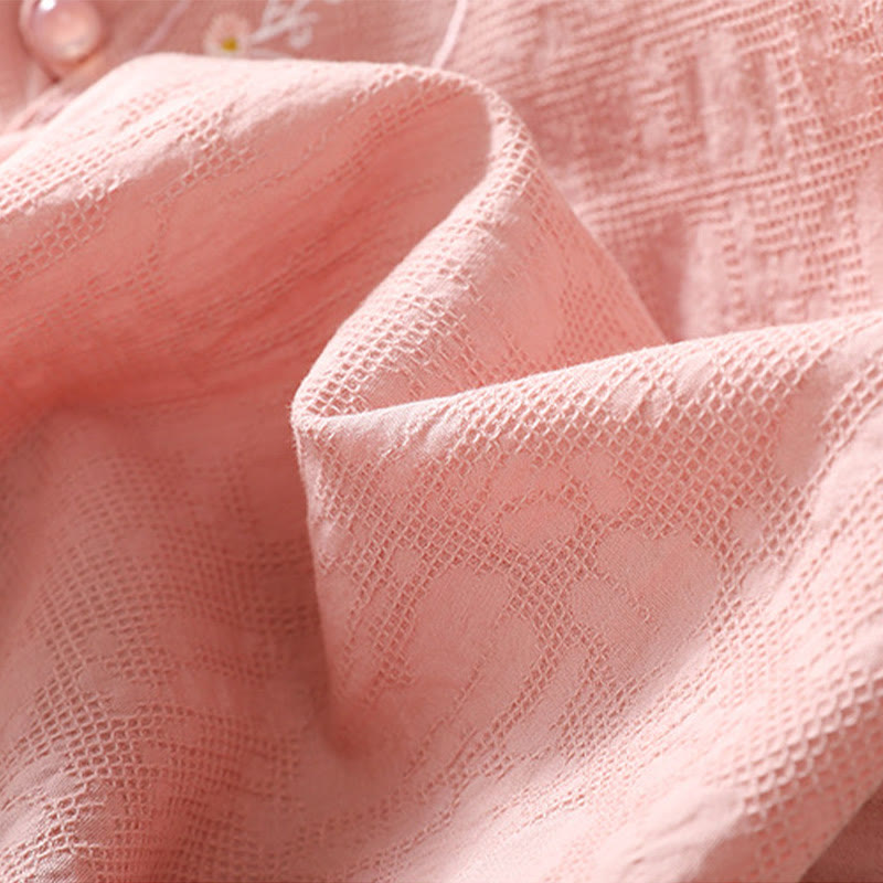 Buddha Stones Plum Blossom Embroidery Frog-Button Short Sleeve Cotton Linen Shirt - image 11