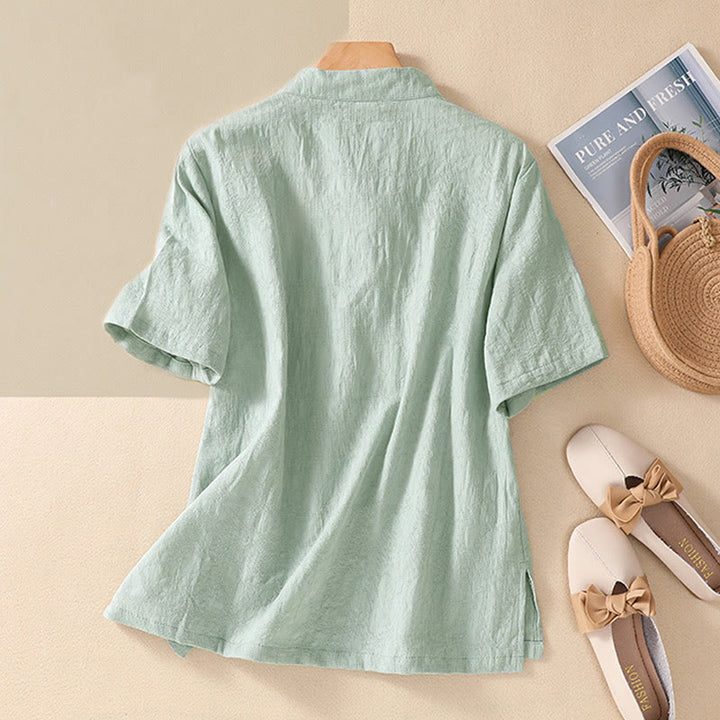 Buddha Stones Plum Blossom Embroidery Frog-Button Short Sleeve Cotton Linen Shirt - image 13