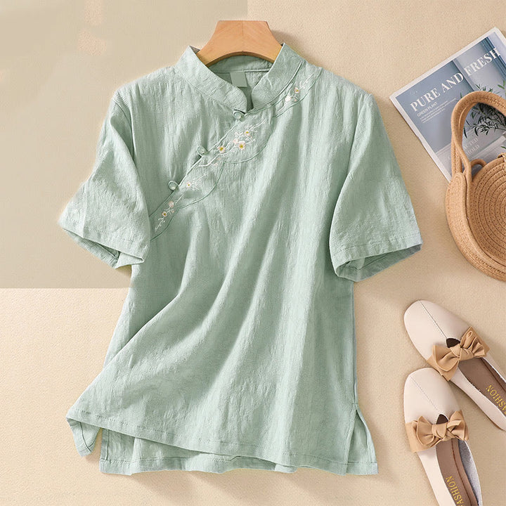 Buddha Stones Plum Blossom Embroidery Frog-Button Short Sleeve Cotton Linen Shirt - Honeydew - 2XL(Fit for US8-10; UK/AU12-14; EU40-42) - image 12