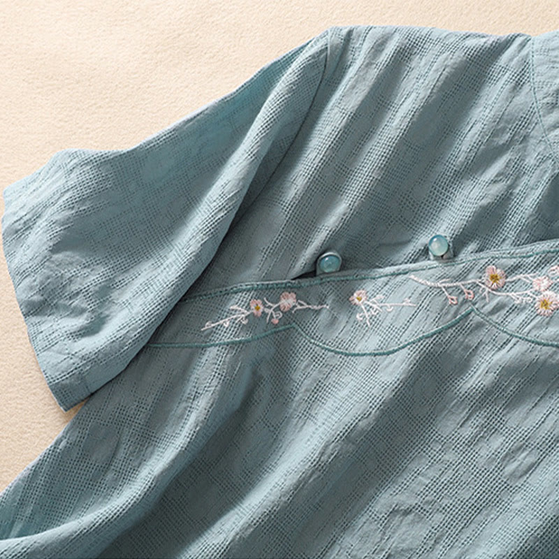 Buddha Stones Plum Blossom Embroidery Frog-Button Short Sleeve Cotton Linen Shirt - image 22