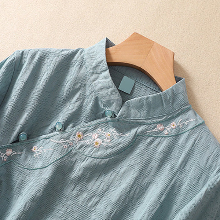 Buddha Stones Plum Blossom Embroidery Frog-Button Short Sleeve Cotton Linen Shirt - image 20
