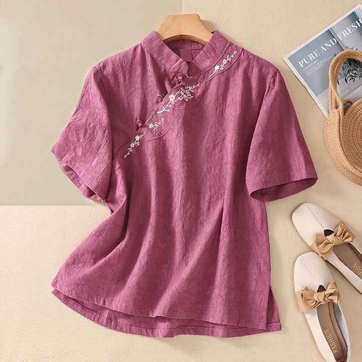 Buddha Stones Plum Blossom Embroidery Frog-Button Short Sleeve Cotton Linen Shirt - PaleVioletRed - 2XL(Fit for US8-10; UK/AU12-14; EU40-42) - image 33