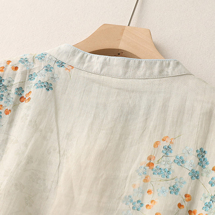 Buddha Stones Blue Flowers Orange Leaves Frog-Button Three Quarter Sleeve Cotton Linen Shirt - image 4
