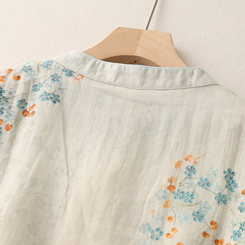 Buddha Stones Blue Flowers Orange Leaves Frog-Button Three Quarter Sleeve Cotton Linen Shirt - image 4