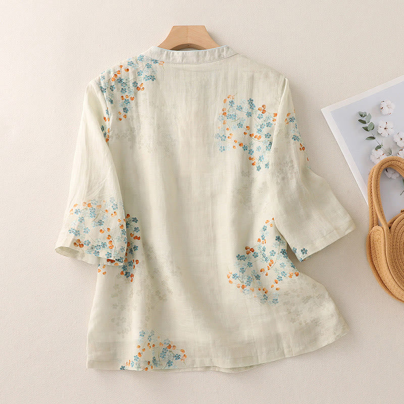 Buddha Stones Blue Flowers Orange Leaves Frog-Button Three Quarter Sleeve Cotton Linen Shirt - image 1