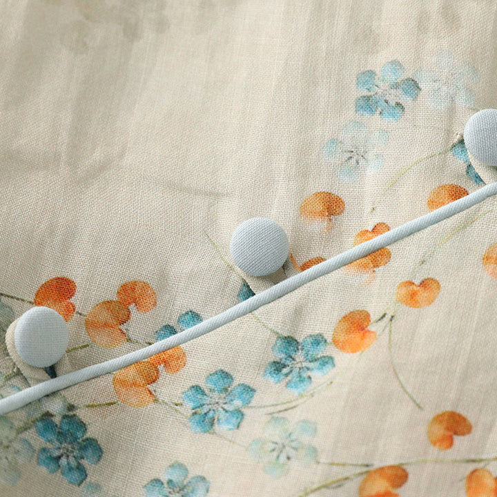 Buddha Stones Blue Flowers Orange Leaves Frog-Button Three Quarter Sleeve Cotton Linen Shirt - image 7