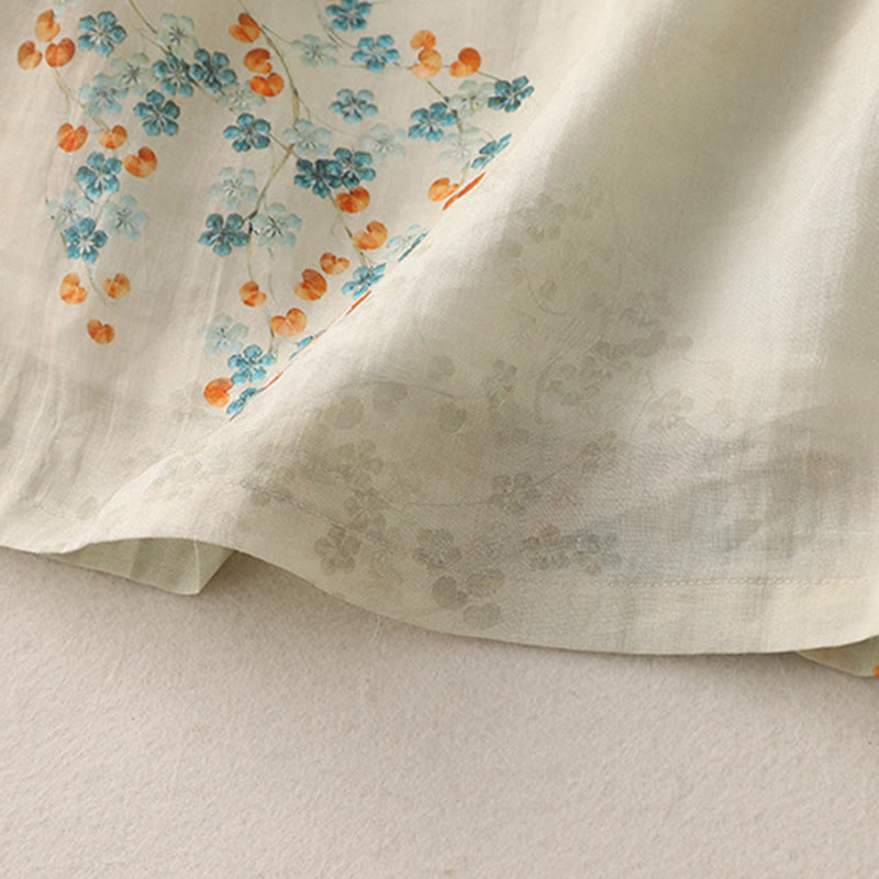 Buddha Stones Blue Flowers Orange Leaves Frog-Button Three Quarter Sleeve Cotton Linen Shirt - image 8