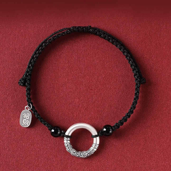 Buddha Stones 925 Sterling Silver Black Onyx Peace Buckle Fu Character Charm Bracelet - Peace Buckle&Agate Attract Fortune Charm(Wrist Circumference 14-26cm) - image 0
