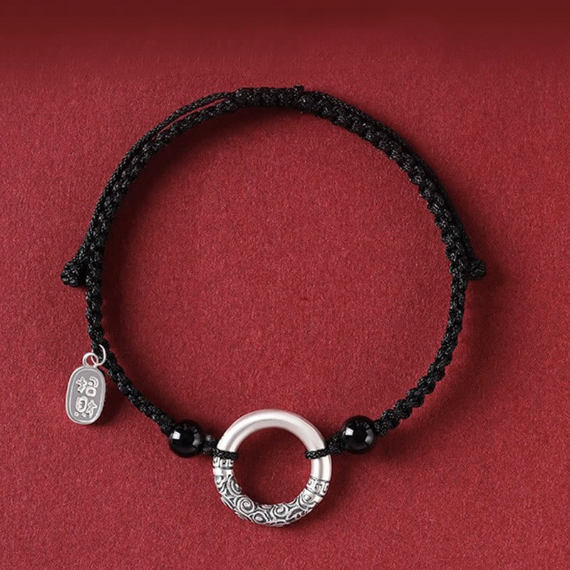 Buddha Stones 925 Sterling Silver Black Onyx Peace Buckle Fu Character Charm Bracelet - Peace Buckle&Agate Attract Fortune Charm(Wrist Circumference 14-26cm) - image 0