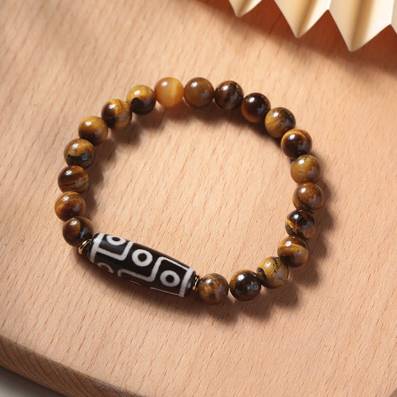 Buddha Stones Tibetan Tiger Eye Tourmaline Nine-Eye Dzi Bead Protection Bracelet - Tiger Eye&Nine-Eye Dzi Bead(Wrist Circumference 14-16cm) - 8mm - image 0