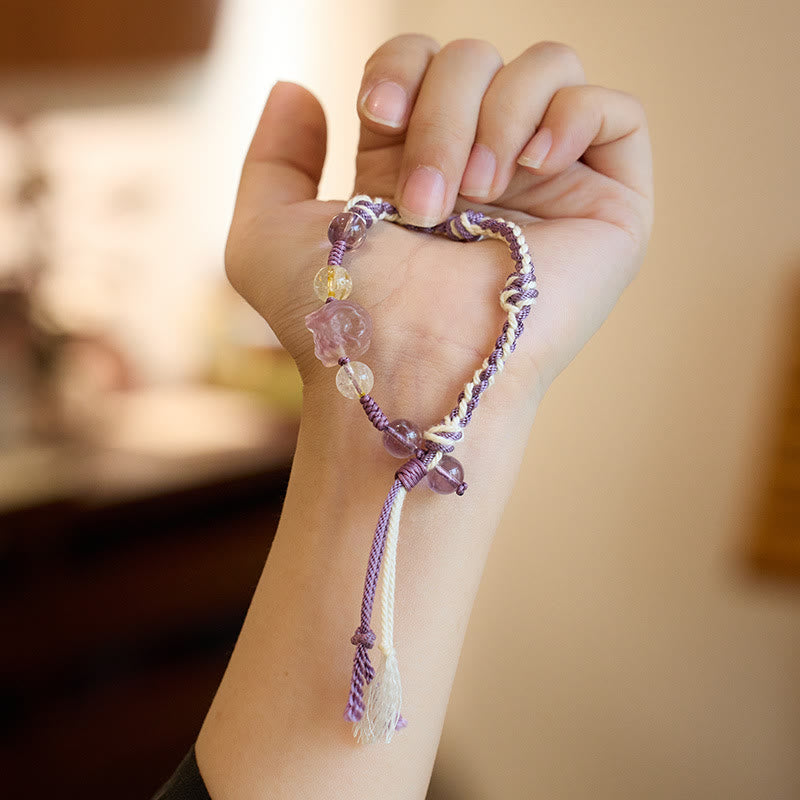 Buddha Stones Natural Fluorite Amethyst Silver Sheen Obsidian Tiger's Eye Protection Rope Bracelet - image 3