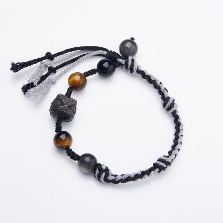 Buddha Stones Natural Fluorite Amethyst Silver Sheen Obsidian Tiger's Eye Protection Rope Bracelet - Silver Sheen Obsidian(Wrist Circumference 14-18cm) - image 7