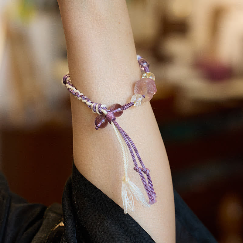 Buddha Stones Natural Fluorite Amethyst Silver Sheen Obsidian Tiger's Eye Protection Rope Bracelet - image 4