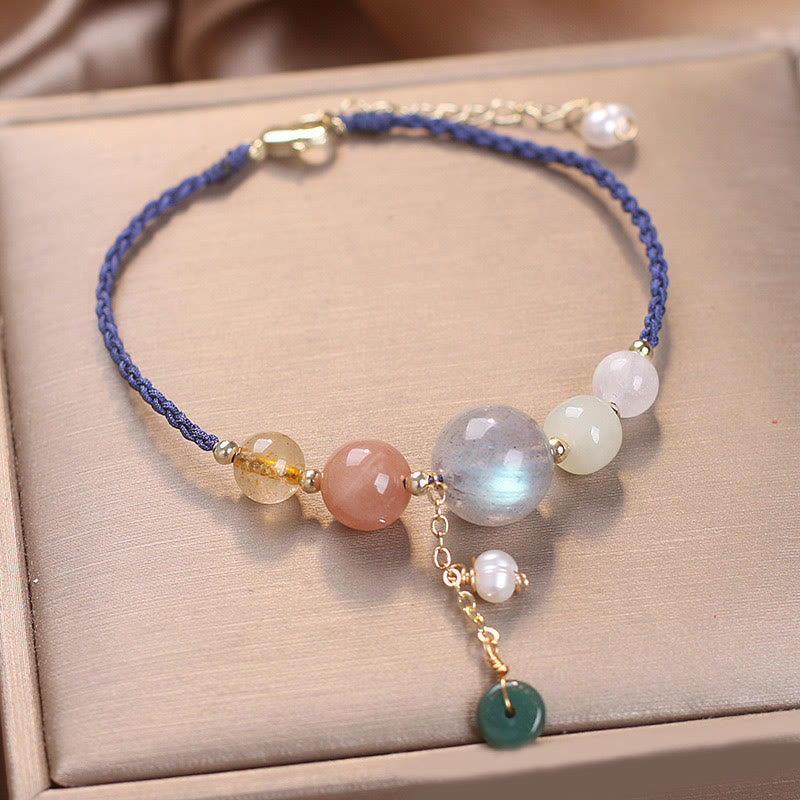 Buddha Stones Moonstone Sunstone Beads Peace Buckle Charm Healing Bracelet - Blue Rope Moonstone(Wrist Circumference 14-17cm) - image 16
