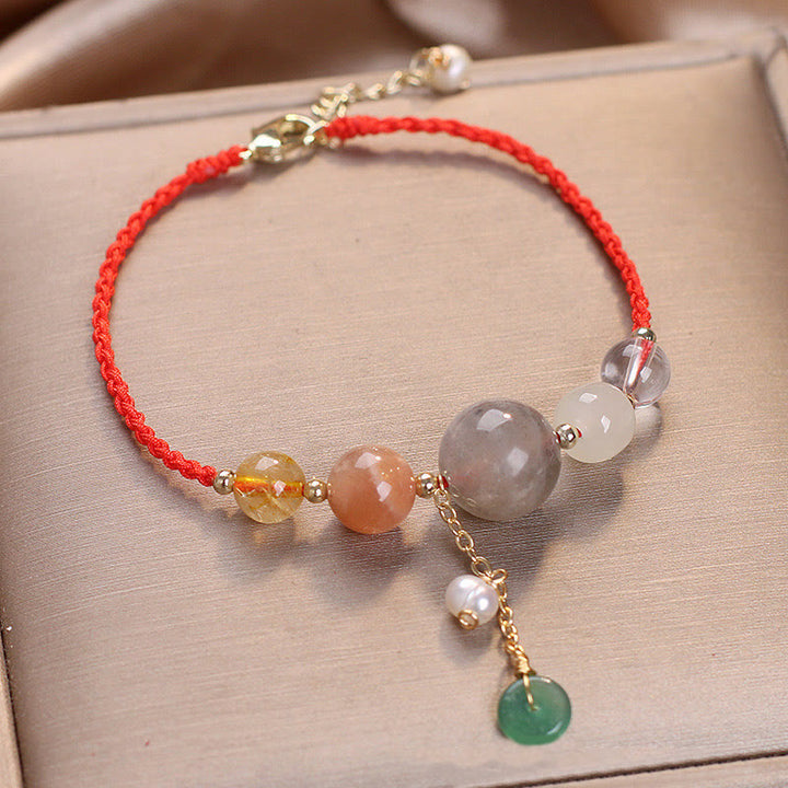 Buddha Stones Moonstone Sunstone Beads Peace Buckle Charm Healing Bracelet - Red Rope Moonstone(Wrist Circumference 14-17cm) - image 0