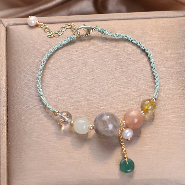 Buddha Stones Moonstone Sunstone Beads Peace Buckle Charm Healing Bracelet - Green Rope Moonstone(Wrist Circumference 14-17cm) - image 11
