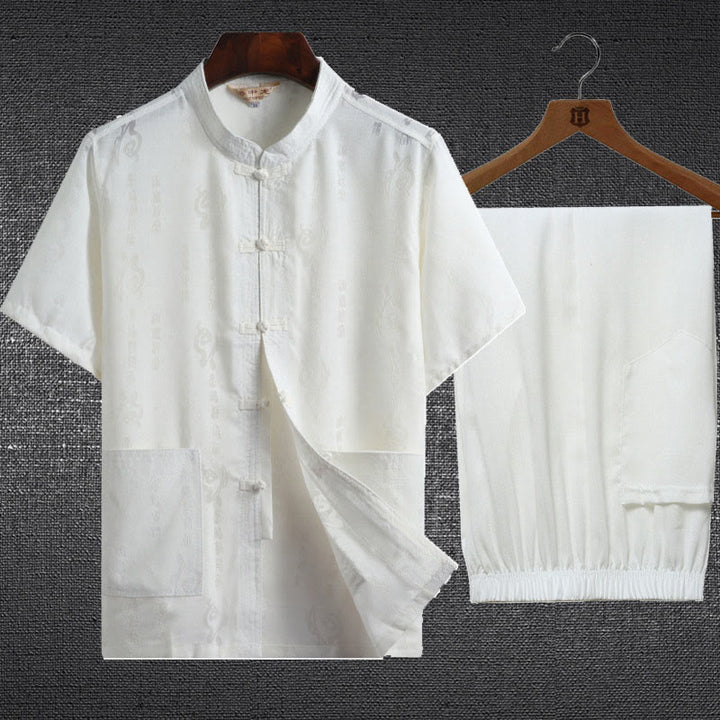 Buddha Stones 2Pcs Frog-Button Fu Character Dragon Bamboo Leaf Short Sleeve Shirt Pants Men's Set - White - Fu Character - US/UK/AU46，EU56 (4XL) - image 2