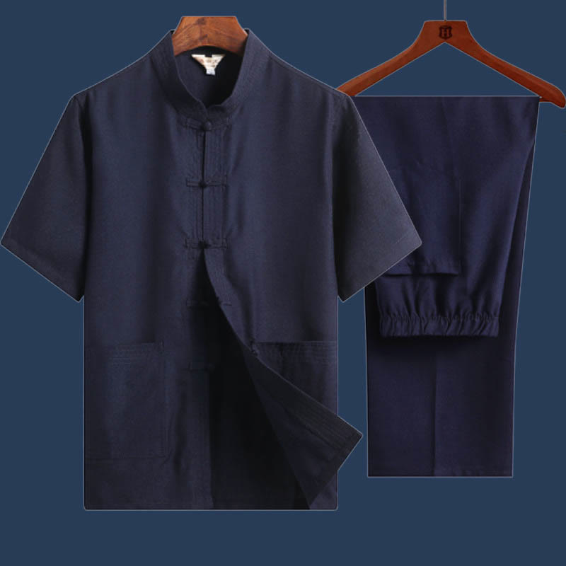 Buddha Stones 2Pcs Frog-Button Fu Character Dragon Bamboo Leaf Short Sleeve Shirt Pants Men's Set - SteelBlue - Solid Color - US/UK/AU46，EU56 (4XL) - image 16