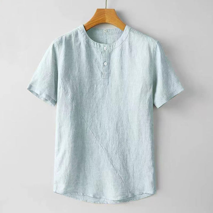 Buddha Stones Summer Men's Solid Color Button Short Sleeve Cotton Linen Shirt - PowderBlue - US/UK/AU48，EU58 (4XL) - image 9