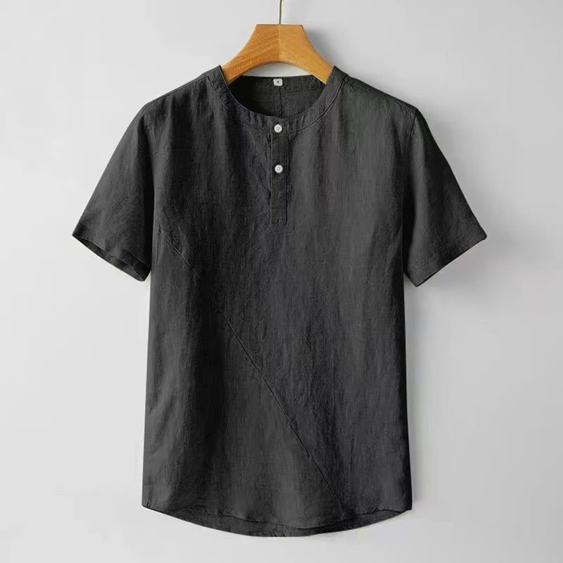 Buddha Stones Summer Men's Solid Color Button Short Sleeve Cotton Linen Shirt - Black - US/UK/AU48，EU58 (4XL) - image 7