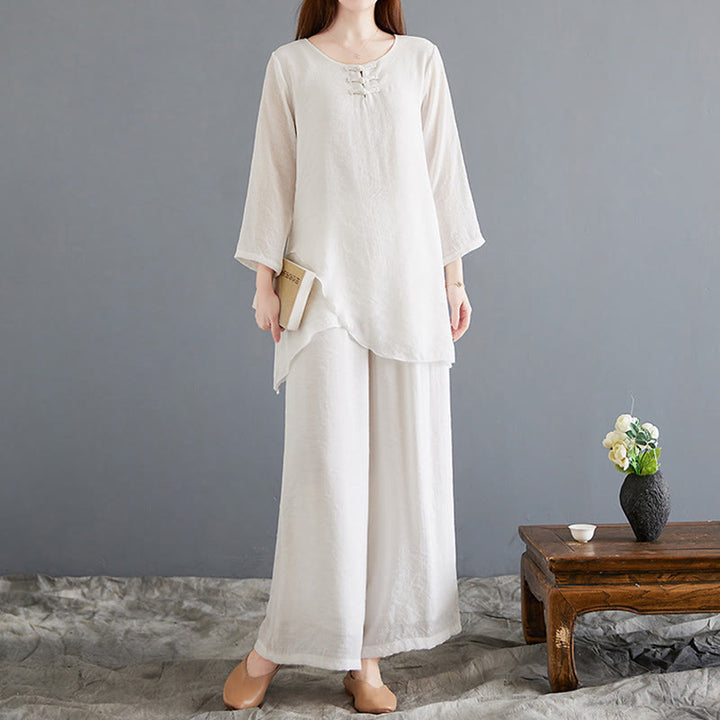 Buddha Stones 2Pcs Frog-Button Long Sleeve Shirt Wide Leg Pants Meditation Cotton Linen Clothing - image 6