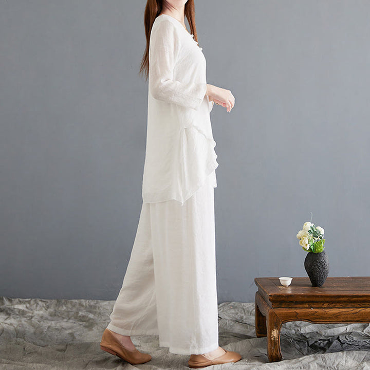 Buddha Stones 2Pcs Frog-Button Long Sleeve Shirt Wide Leg Pants Meditation Cotton Linen Clothing - image 2