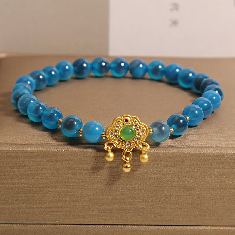 Buddha Stones Blue Candy Agate Chinese Lock Charm Healing Bracelet - Blue Candy Agate(Wrist Circumference 14-16cm) - image 0