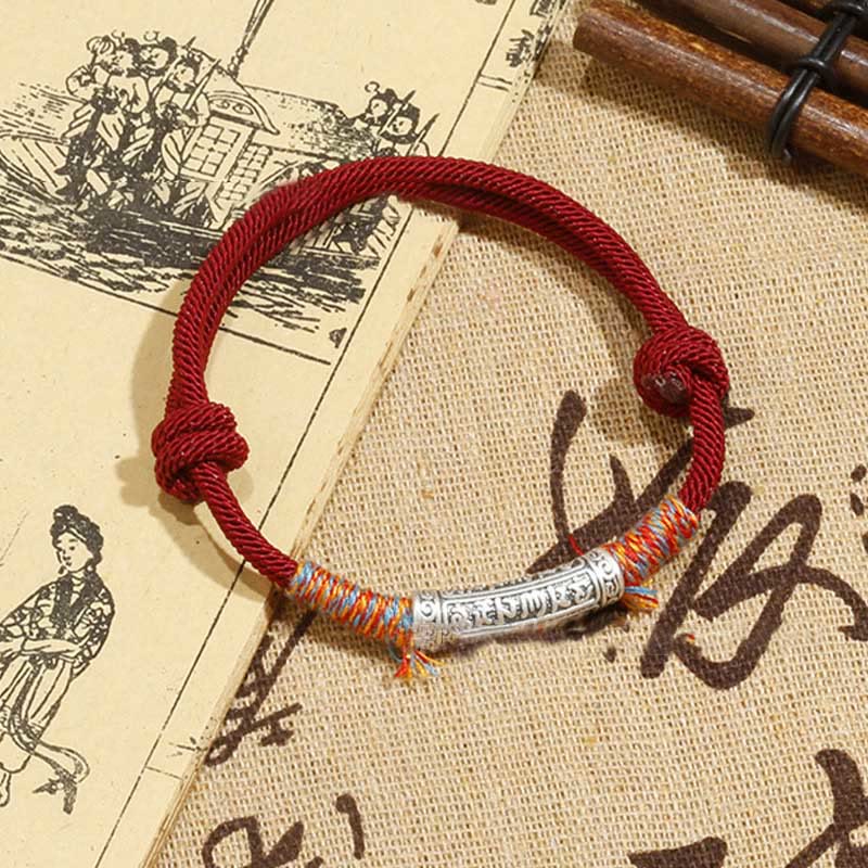 Buddha Stones Handmade 999 Sterling Silver Om Mani Padme Hum Protection Rope Bracelet - Red Rope(Wrist Circumference 14-17cm) - image 0