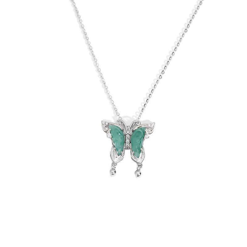 Buddha Stones 925 Sterling Silver Green Jade Butterfly Luck Necklace Pendant - image 5