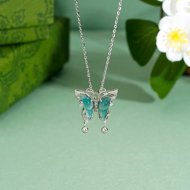 Buddha Stones 925 Sterling Silver Green Jade Butterfly Luck Necklace Pendant - image 1