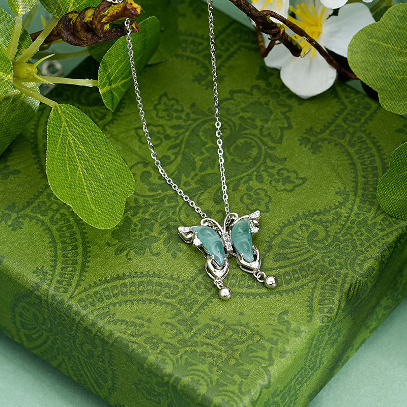 Buddha Stones 925 Sterling Silver Green Jade Butterfly Luck Necklace Pendant - image 3