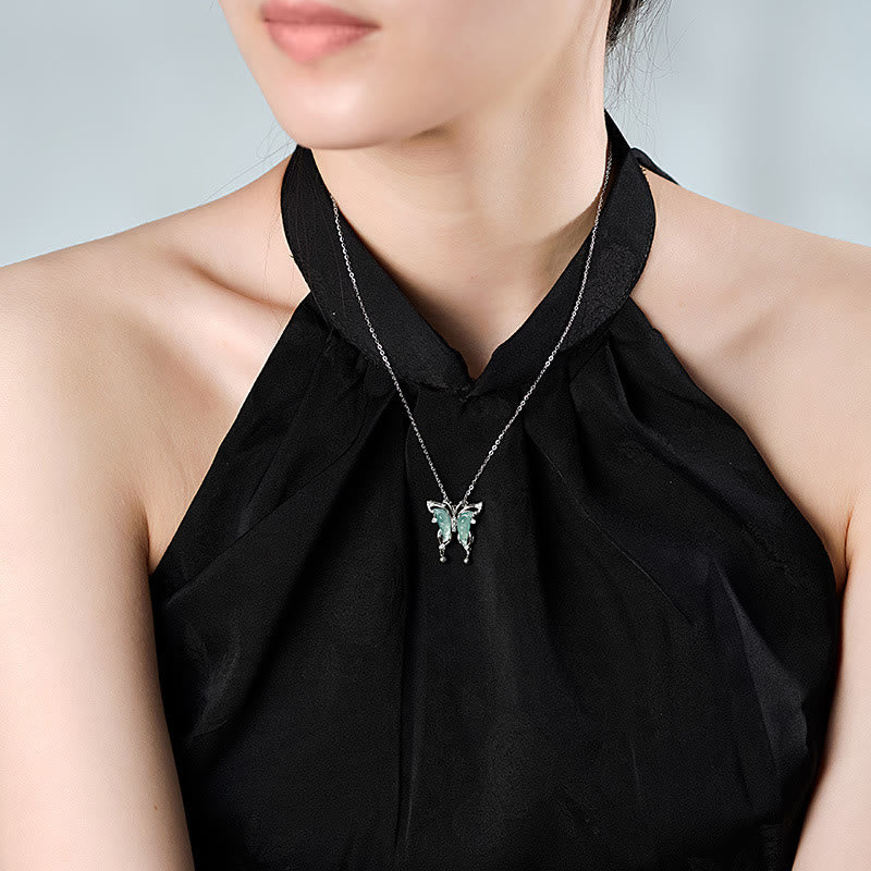 Buddha Stones 925 Sterling Silver Green Jade Butterfly Luck Necklace Pendant - image 4