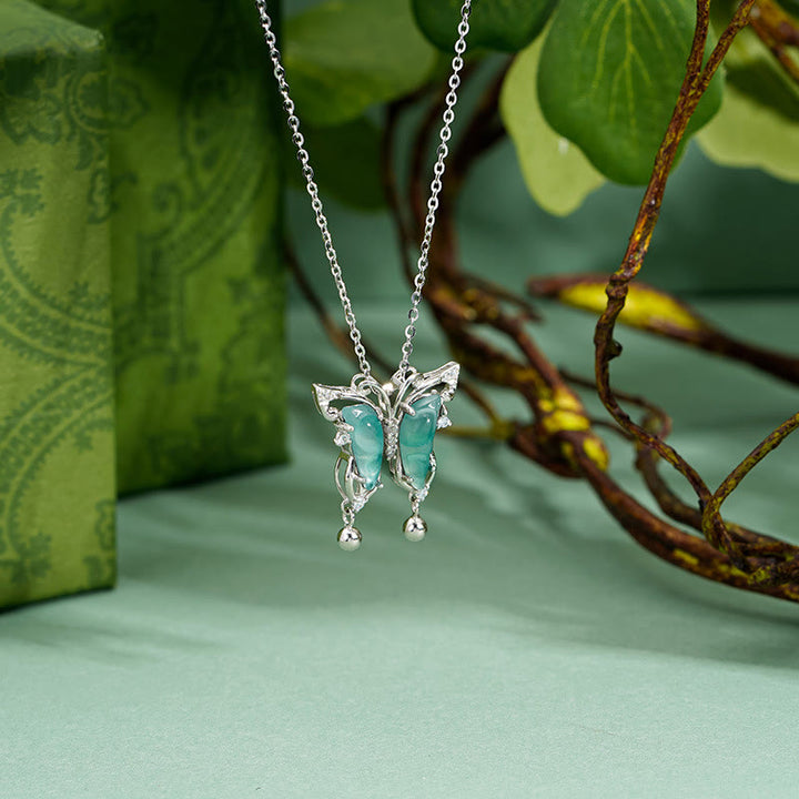 Buddha Stones 925 Sterling Silver Green Jade Butterfly Luck Necklace Pendant - image 2