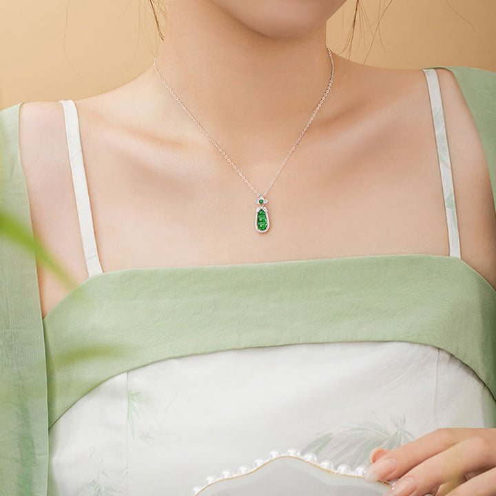 Buddha Stones 925 Sterling Silver Cyan Jade Pea Design Luck Healing Necklace Pendant - image 4