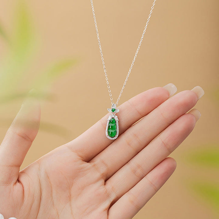 Buddha Stones 925 Sterling Silver Cyan Jade Pea Design Luck Healing Necklace Pendant - image 3