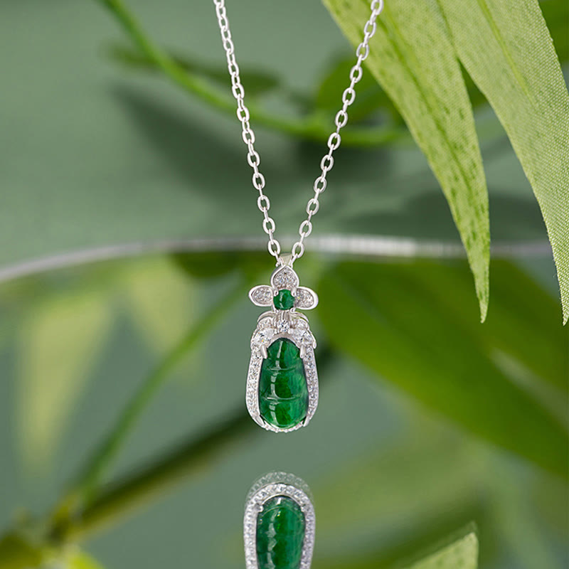 Buddha Stones 925 Sterling Silver Cyan Jade Pea Design Luck Healing Necklace Pendant - image 2