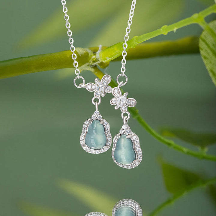 Buddha Stones 925 Sterling Silver Green Jade Double Gourd Butterfly Luck Necklace Pendant - image 2